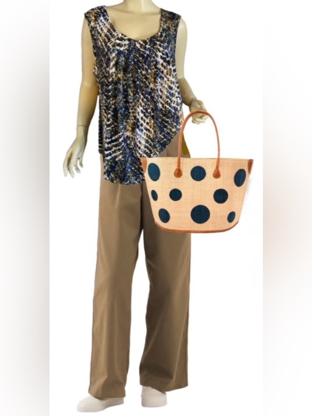 KASPER WHITE, BLUE, CHARTREUSE  AND BROWN STRETCHY JERSEY KNIT TUNIC TOP (1X)